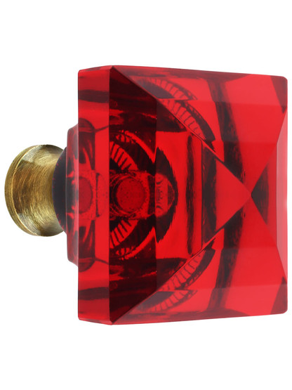 Red Lead-Free Square Crystal Knob with Solid Brass Base in Antique Brass.